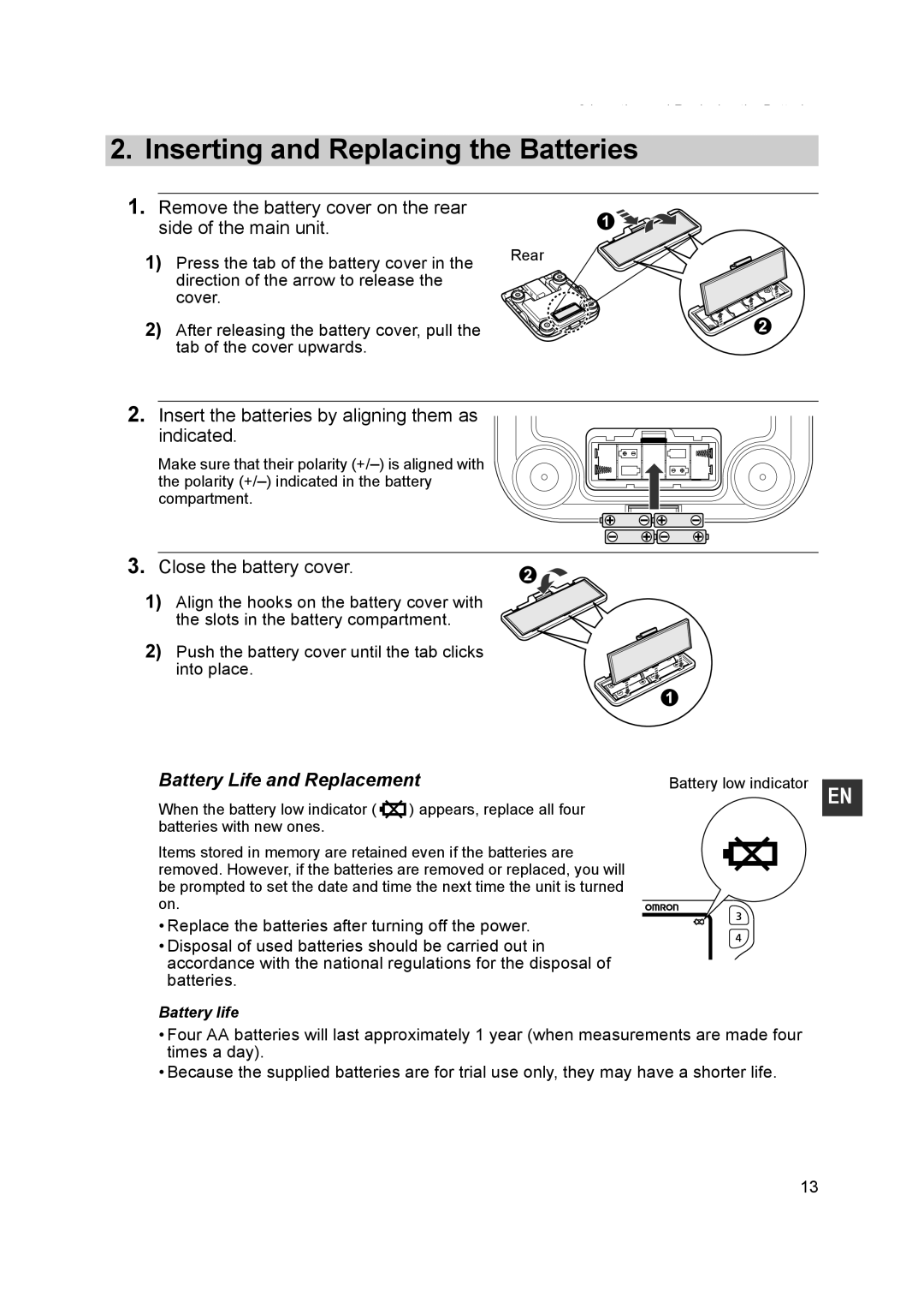 Omron BF500 Inserting and Replacing the Batteries, Remove the battery cover on the rear side of the main unit 