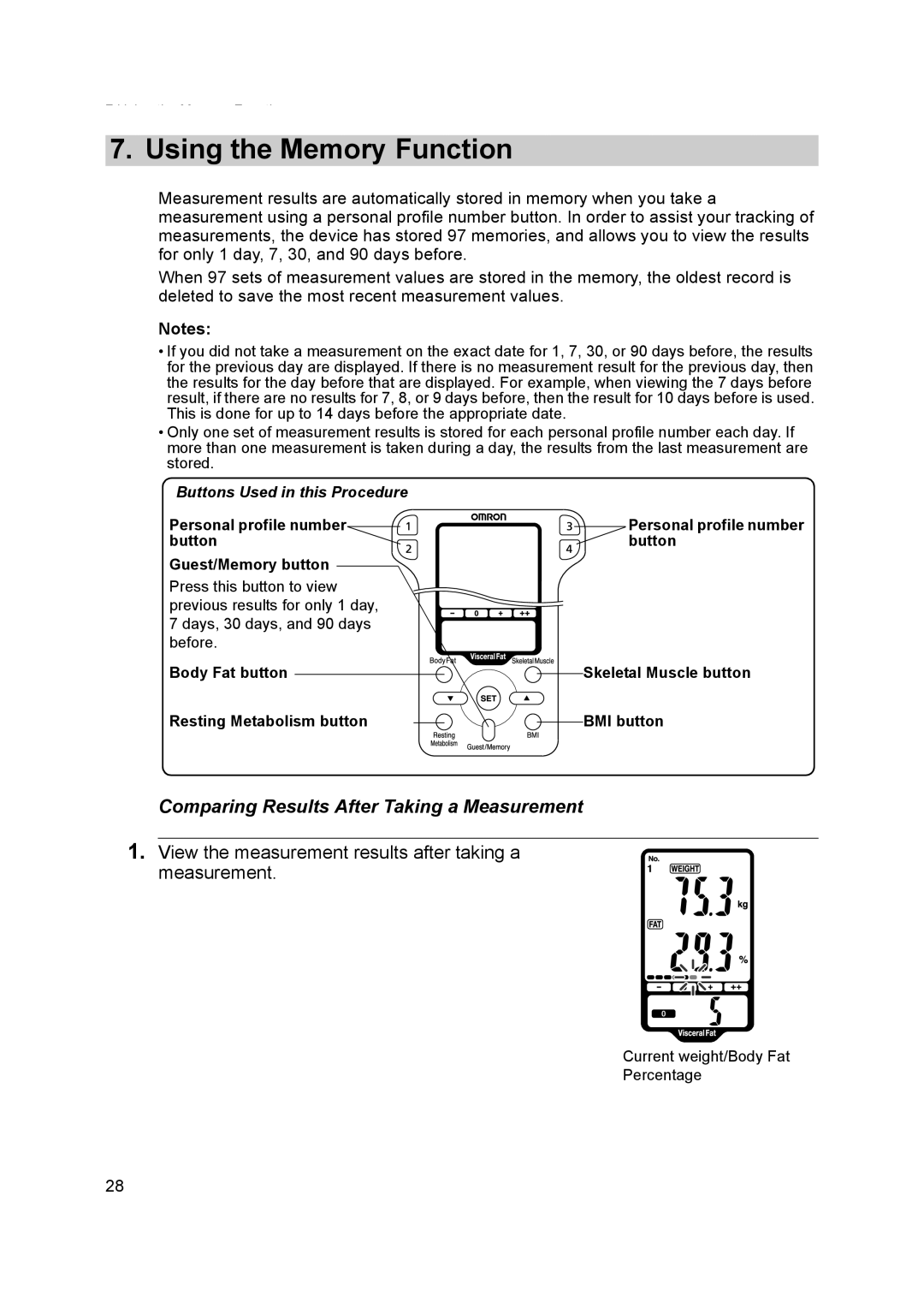 Omron BF500 instruction manual Using the Memory Function, Comparing Results After Taking a Measurement 