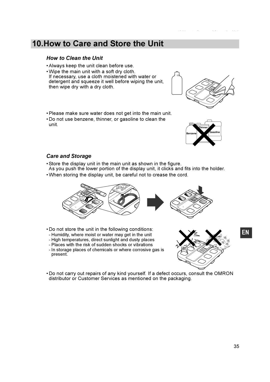 Omron BF500 instruction manual How to Care and Store the Unit, How to Clean the Unit, Care and Storage 