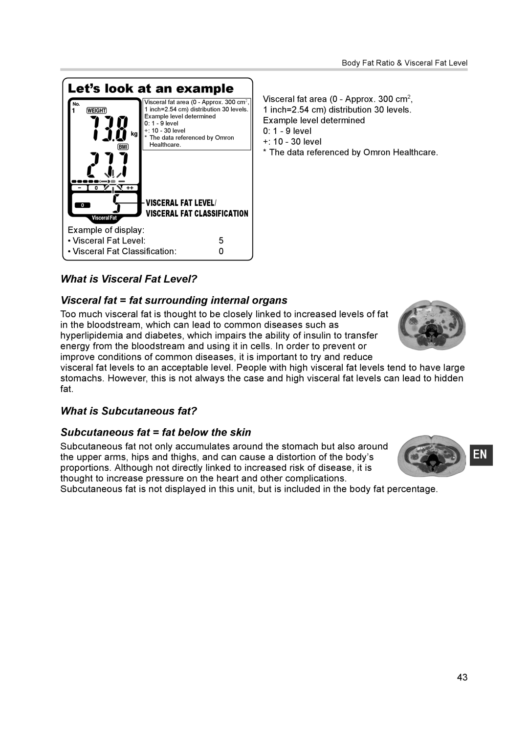 Omron BF500 instruction manual Body Fat Ratio & Visceral Fat Level 