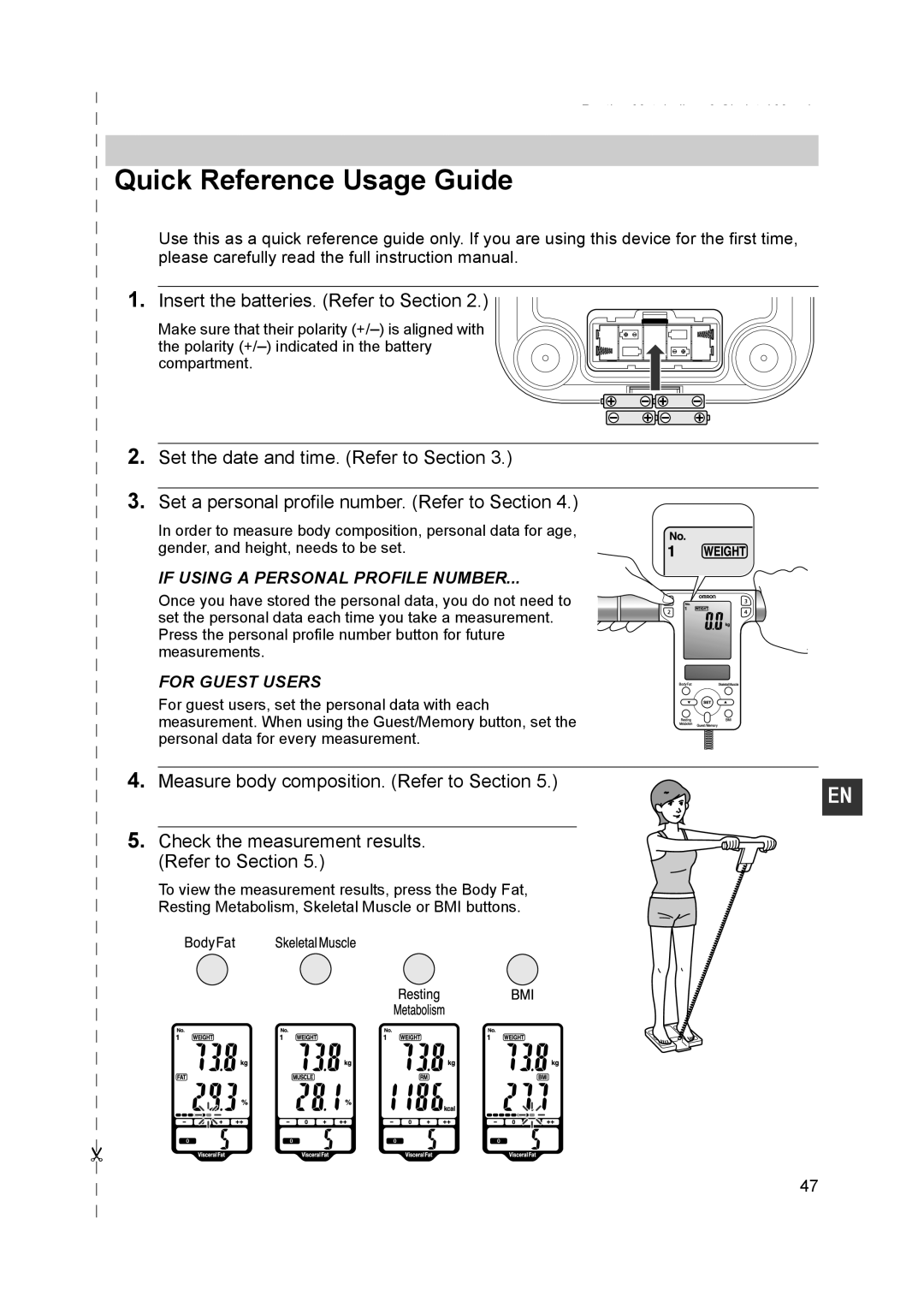 Omron BF500 instruction manual Quick Reference Usage Guide, Insert the batteries. Refer to Section 