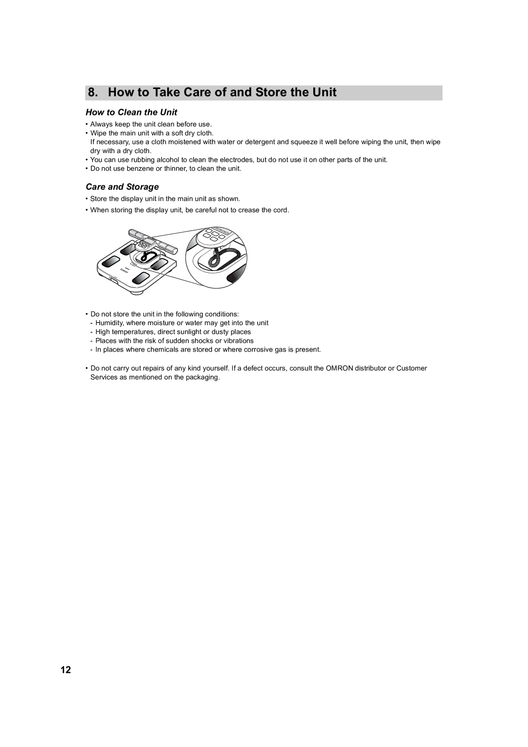 Omron BF510 instruction manual How to Take Care of and Store the Unit, How to Clean the Unit, Care and Storage 