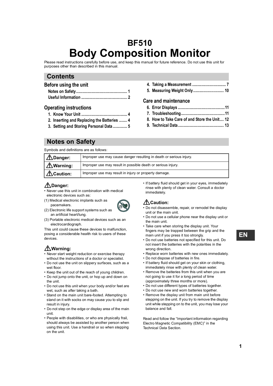 Omron BF510 instruction manual Body Composition Monitor, Contents 