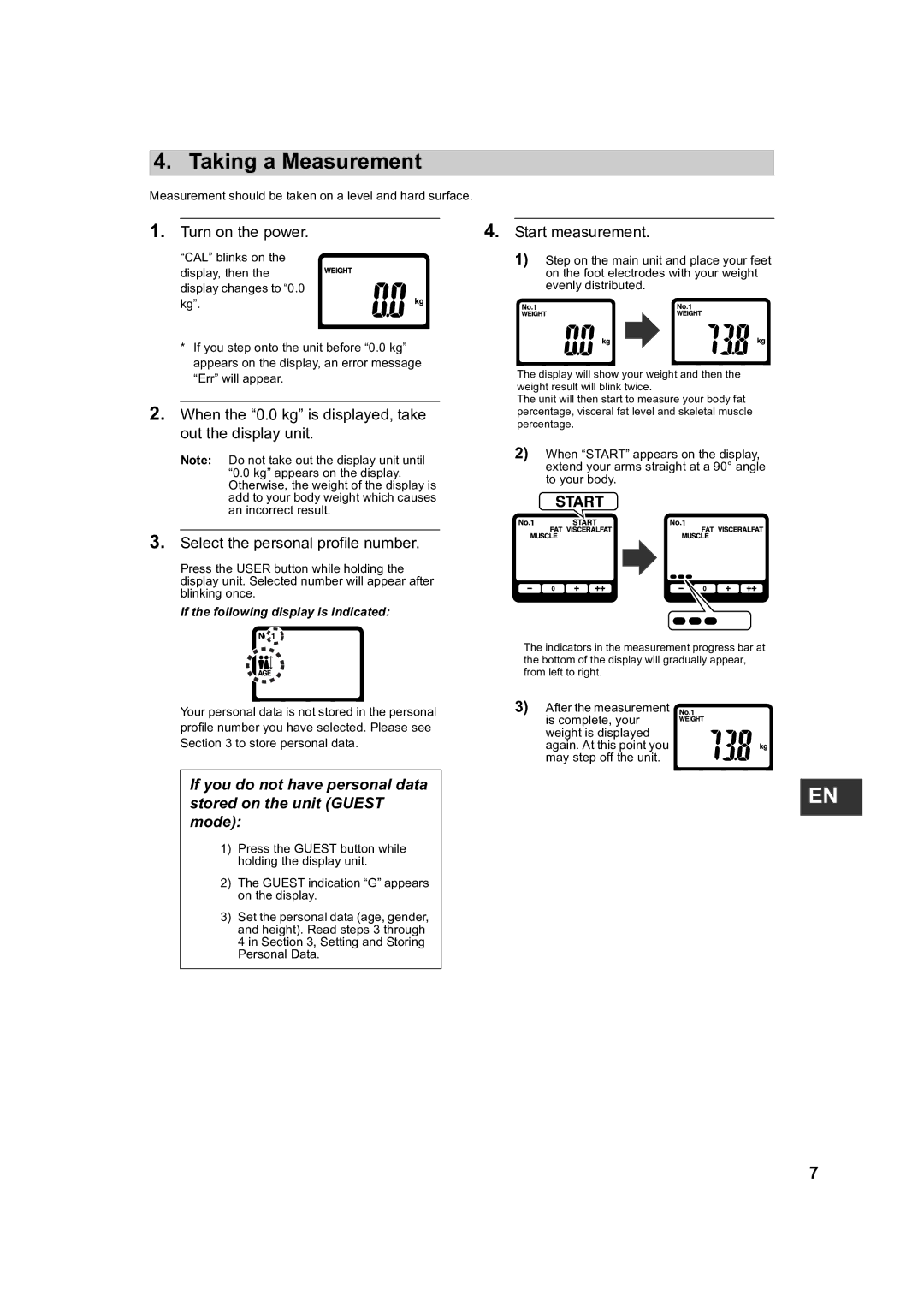 Omron BF510 Taking a Measurement, Turn on the power Start measurement, Select the personal profile number 