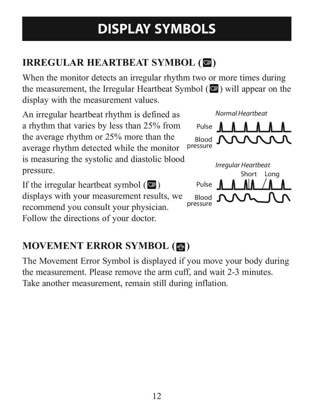 Omron BP760 instruction manual Display Symbols, Irregular Heartbeat Symbol, Movement Error Symbol 