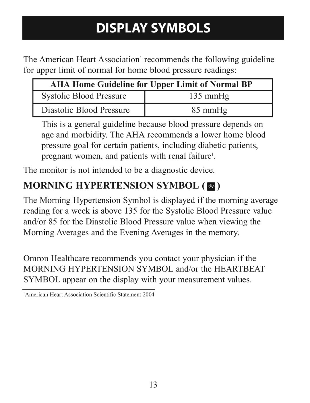 Omron BP760 instruction manual Morning Hypertension Symbol, AHA Home Guideline for Upper Limit of Normal BP 