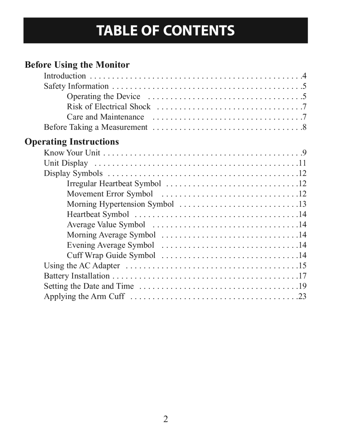 Omron BP760 instruction manual Table of Contents 