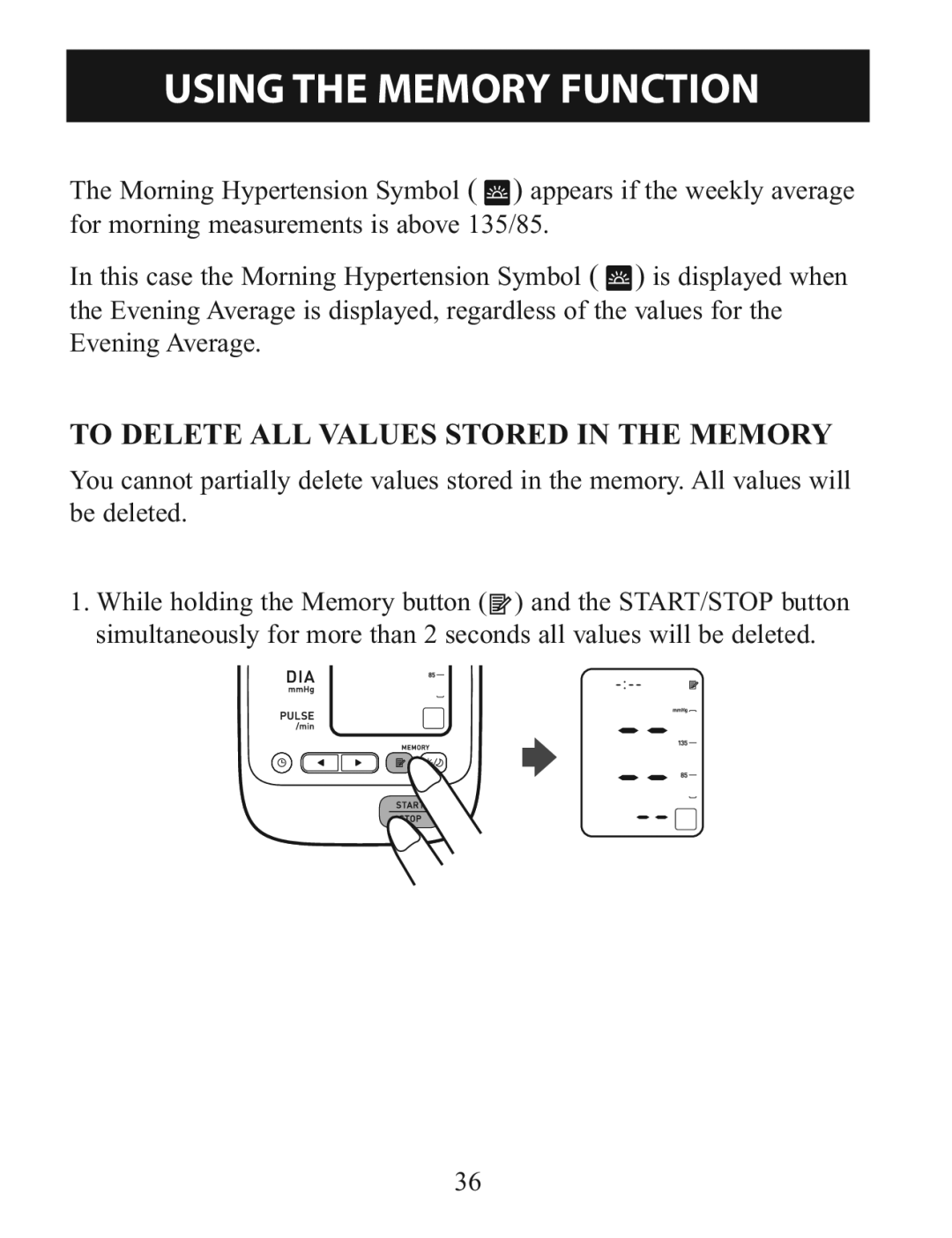 Omron BP760 instruction manual To Delete ALL Values Stored in the Memory 