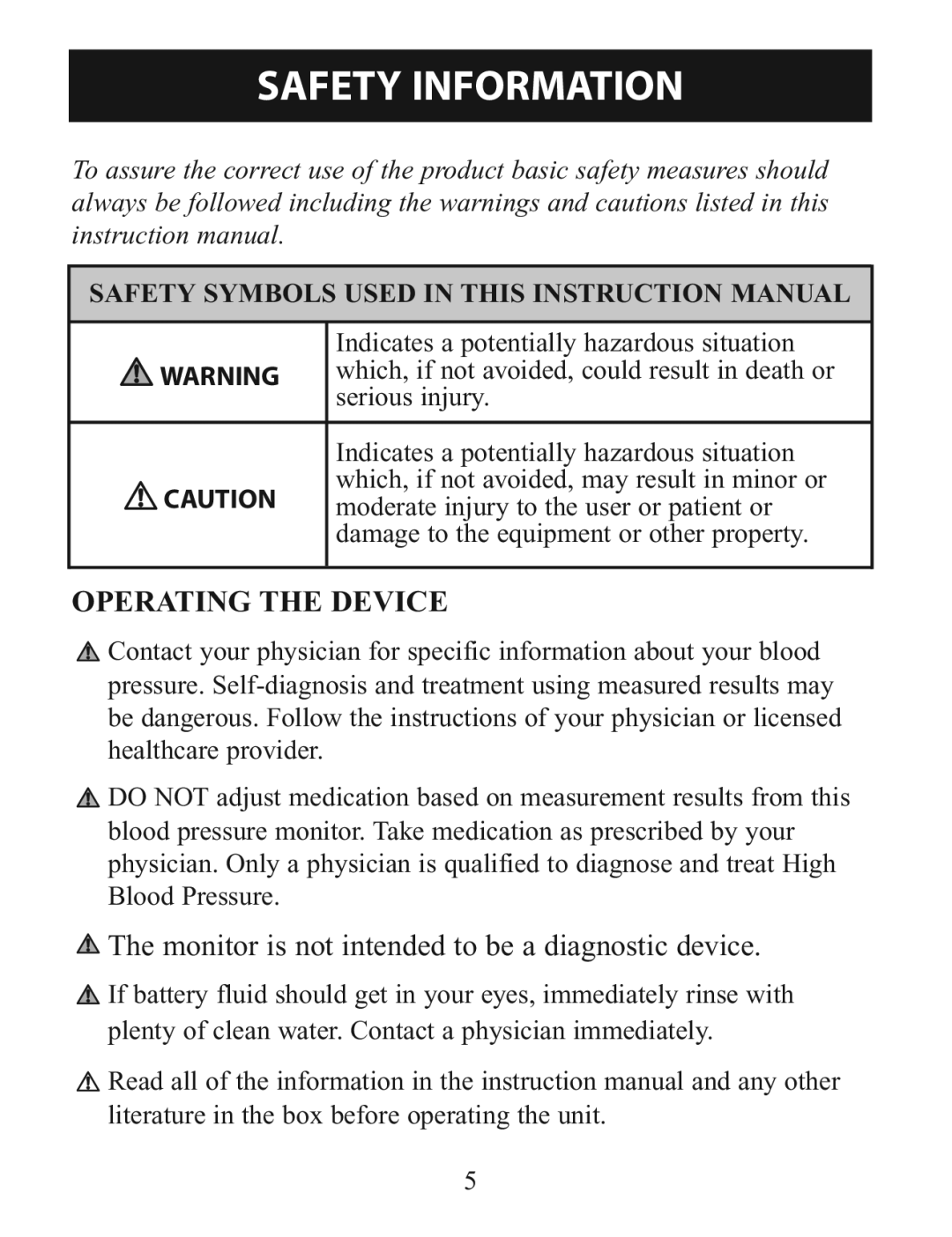 Omron BP760 instruction manual Safety Information, Operating the Device 