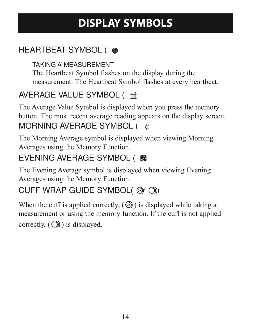 Omron BP785 Heartbeat Symbol, Average Value Symbol, Morning Average Symbol, Evening Average Symbol, Cuff Wrap Guide Symbol 