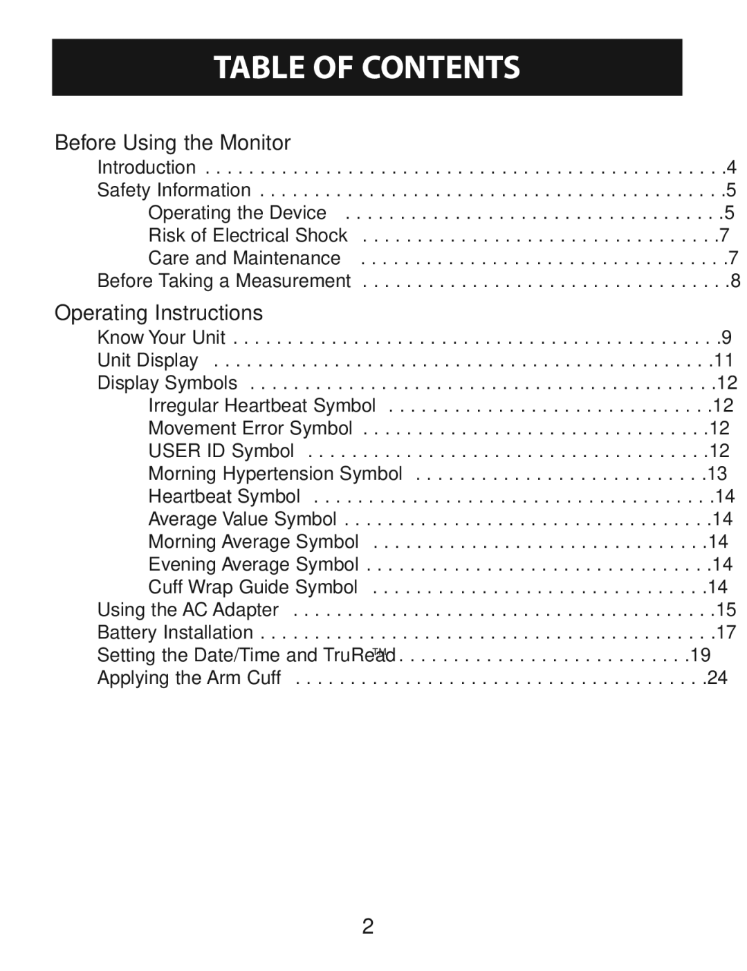 Omron BP785 instruction manual Table of Contents 