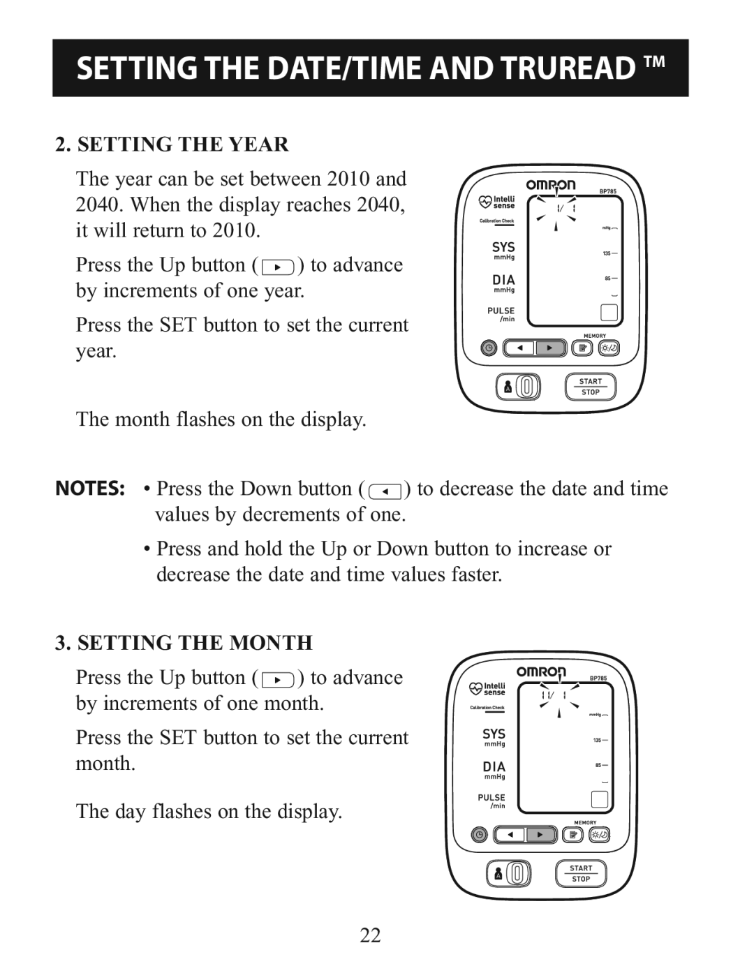 Omron BP785 instruction manual Setting the Year 