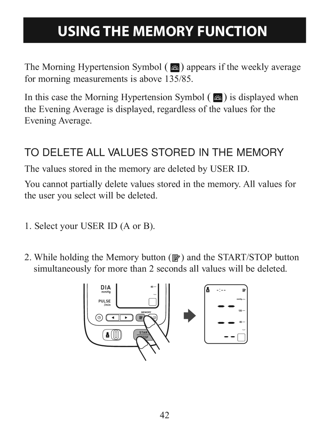 Omron BP785 instruction manual To Delete ALL Values Stored in the Memory 