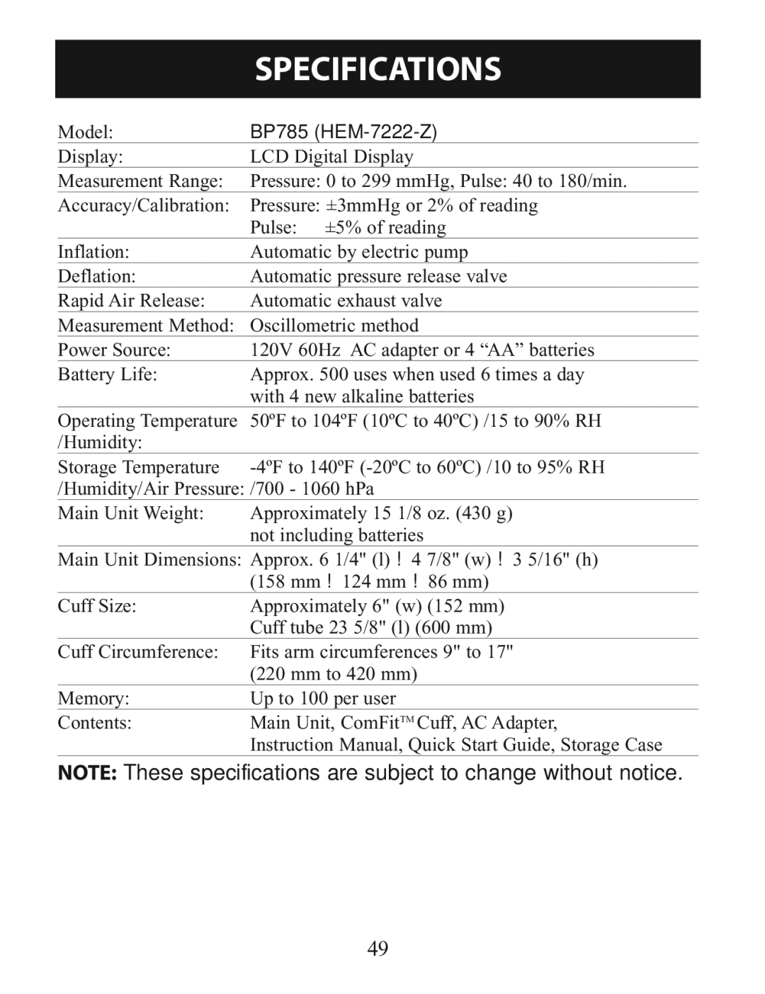 Omron instruction manual Specifications, BP785 HEM-7222-Z 