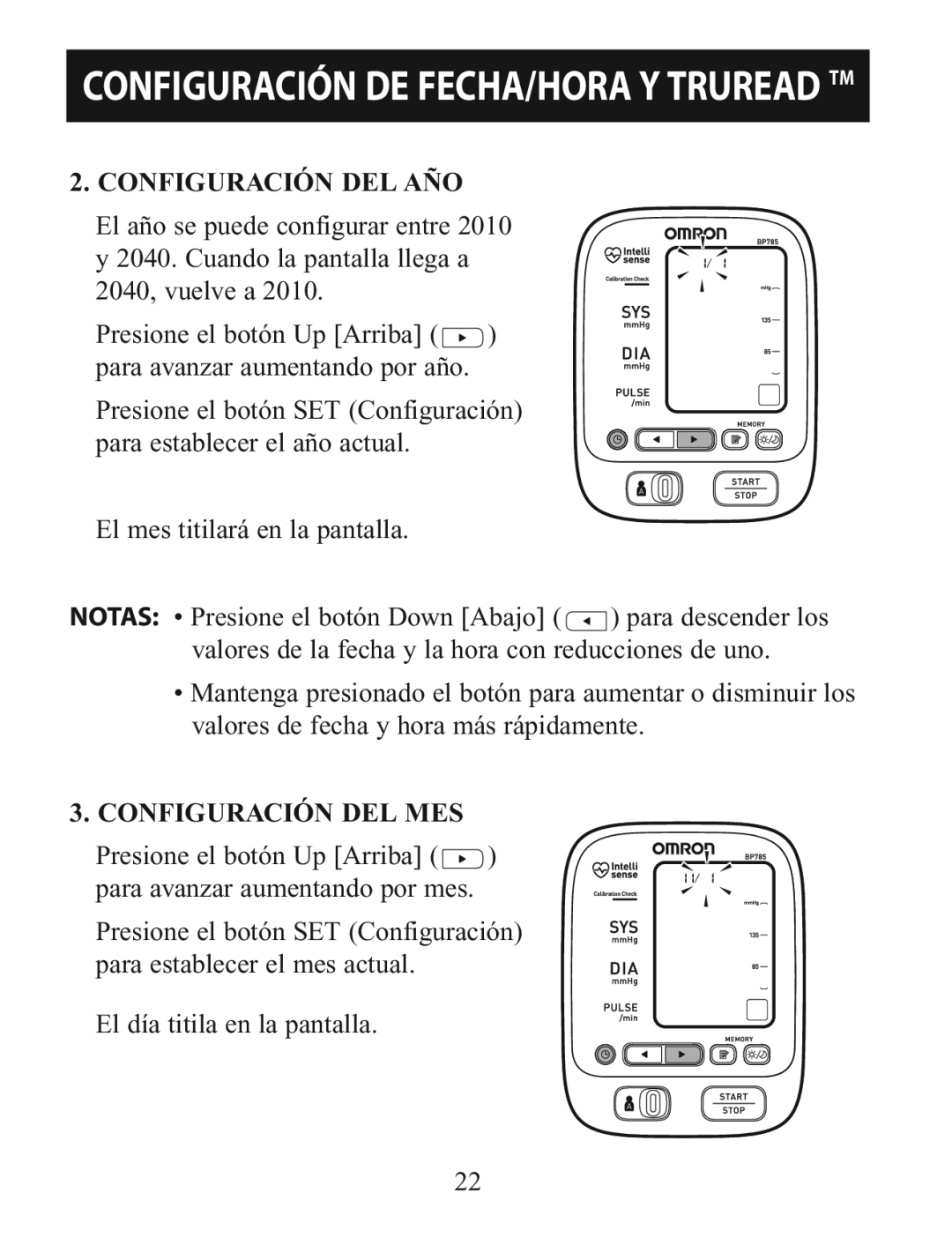 Omron BP785 manual Configuración DEL AÑO 