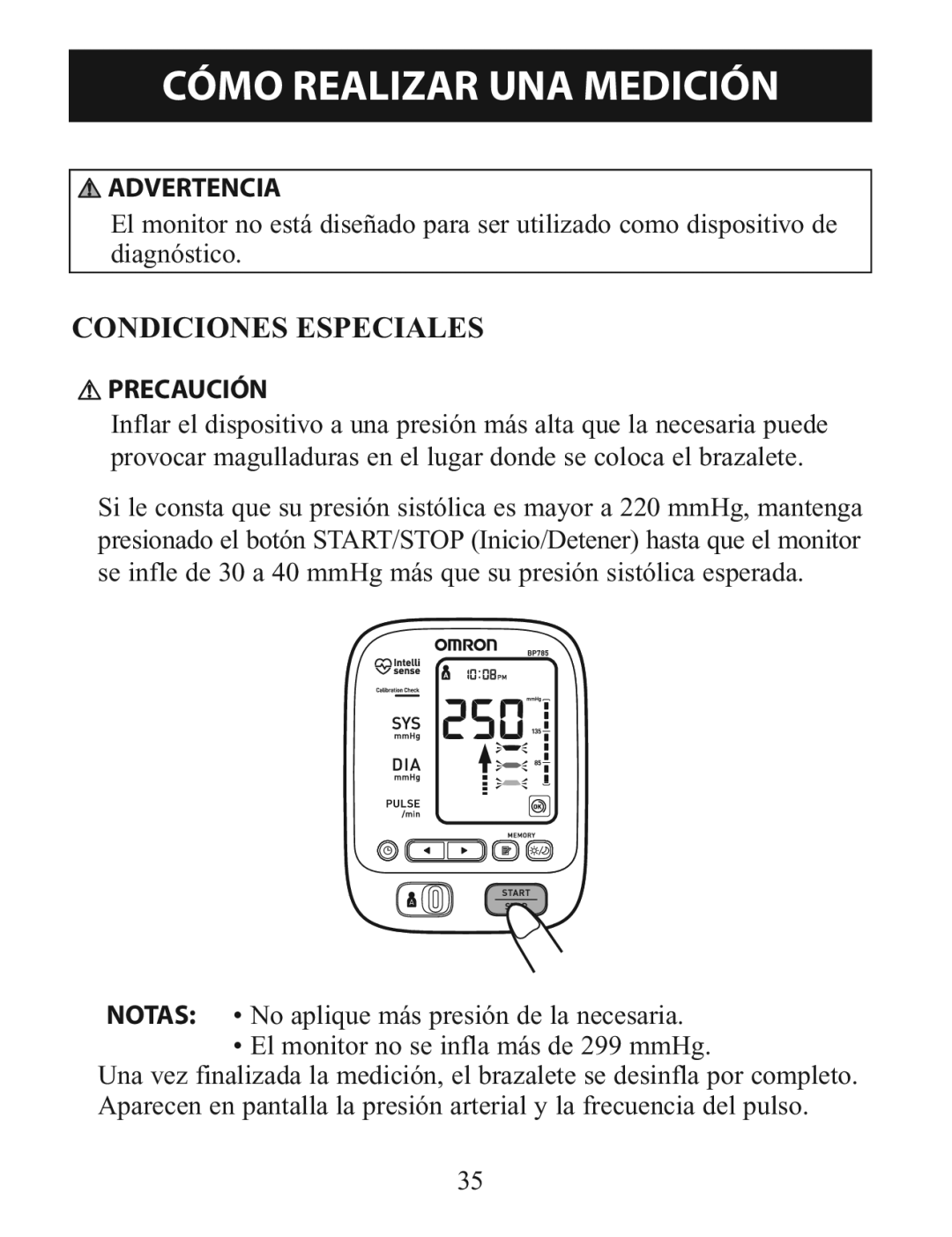 Omron BP785 manual Condiciones Especiales 