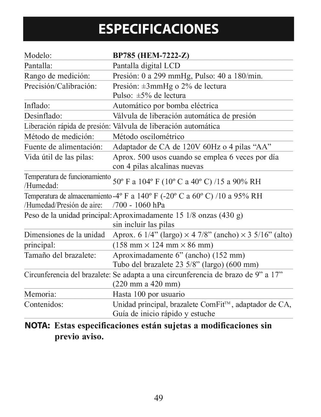 Omron manual Especificaciones, BP785 HEM-7222-Z 