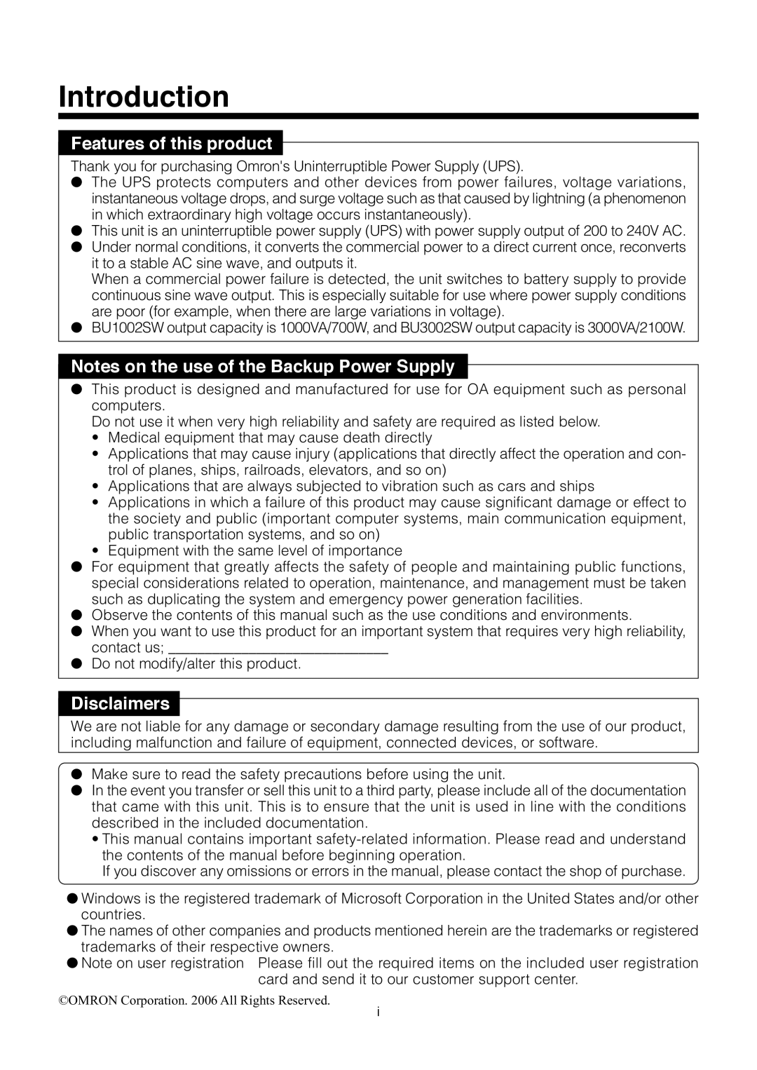 Omron BU3002SW, BU1002SW specifications Introduction 