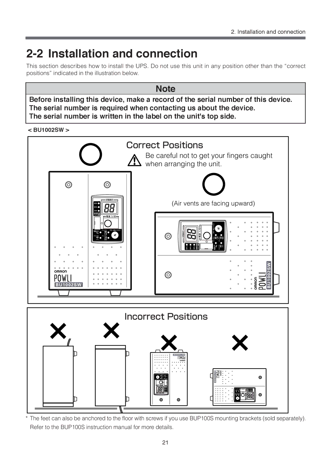 Omron BU1002SW, BU3002SW specifications Installation and connection 