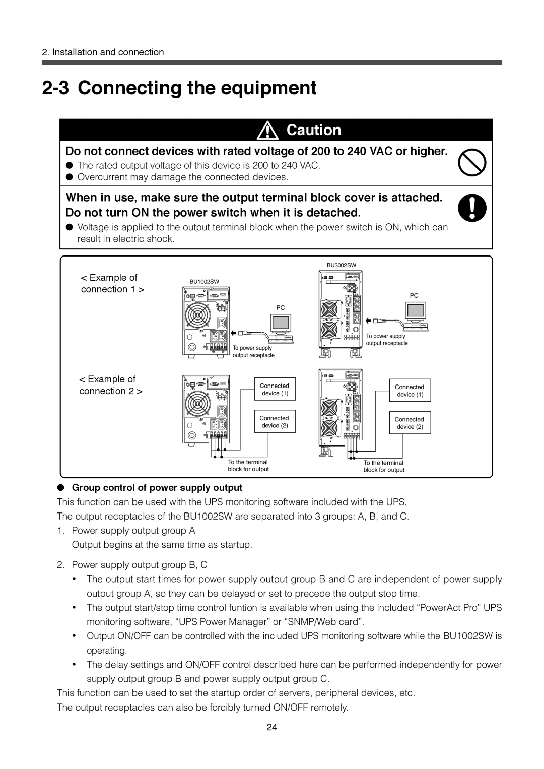 Omron BU3002SW, BU1002SW specifications Connecting the equipment, Group control of power supply output 