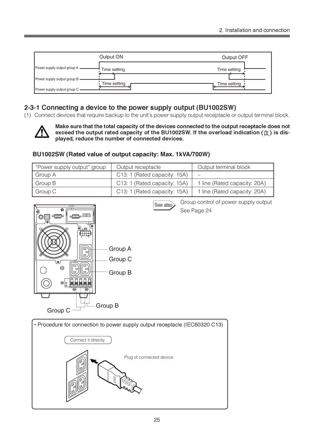 Omron BU3002SW specifications Connecting a device to the power supply output BU1002SW, Output on Output OFF 