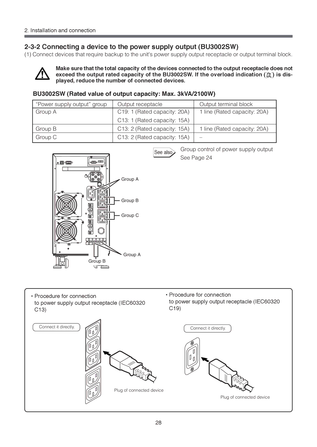 Omron Connecting a device to the power supply output BU3002SW, BU3002SW Rated value of output capacity Max kVA/2100W 