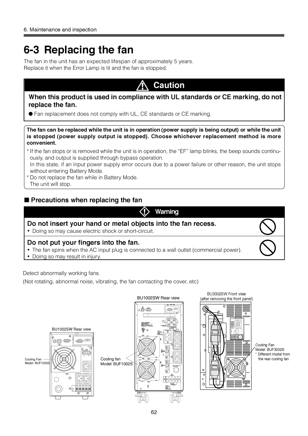 Omron BU3002SW, BU1002SW specifications Replacing the fan, Do not put your fingers into the fan 