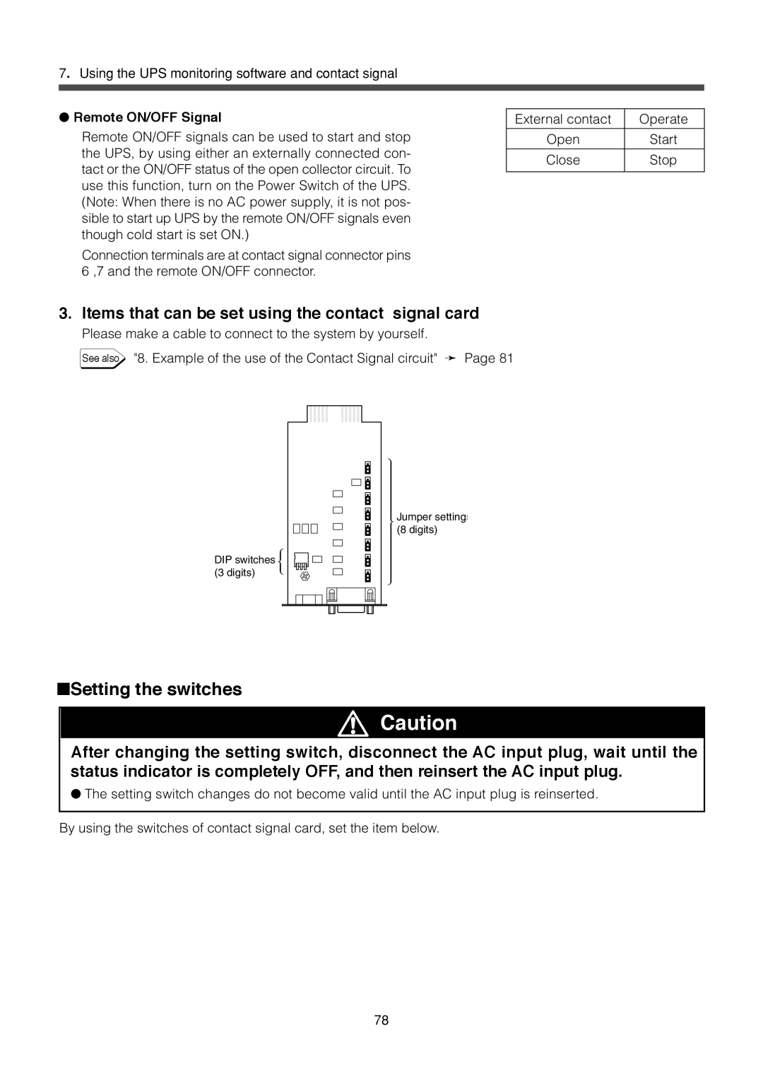 Omron BU3002SW, BU1002SW specifications Items that can be set using the contact signal card, Remote ON/OFF Signal 