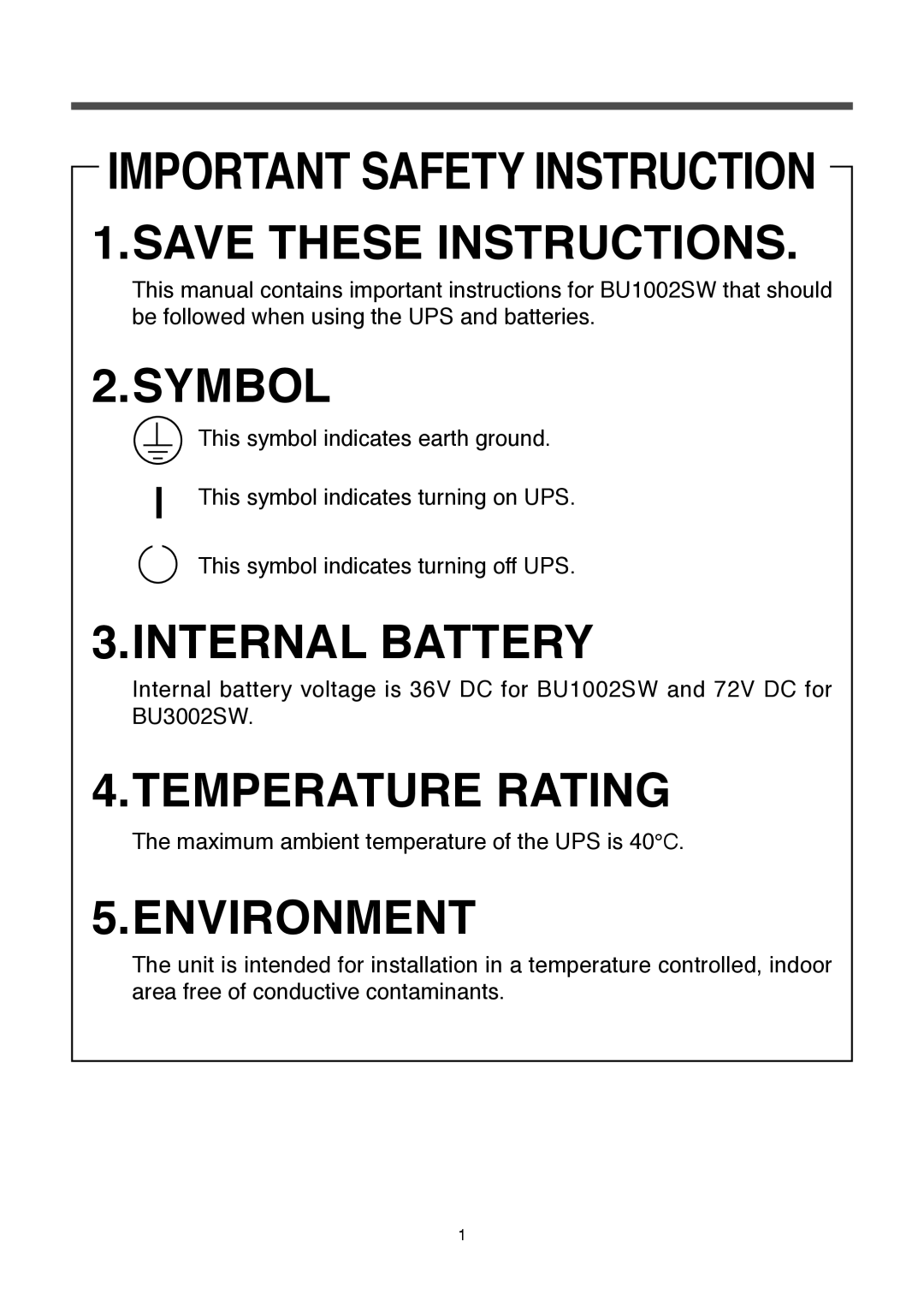 Omron BU1002SW IMPORTANT SAFETY INSTRUCTION 1.SAVE THESE INSTRUCTIONS, Symbol, Internal Battery, Temperature Rating 