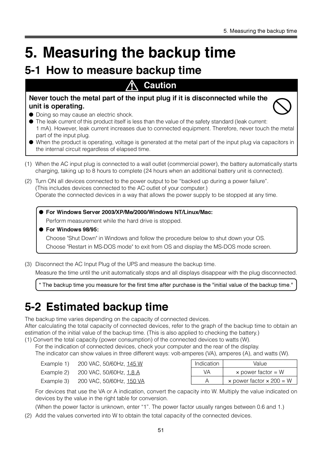 Omron BU1002SW, BU3002SW Measuring the backup time, How to measure backup time, Estimated backup time, For Windows 98/95 