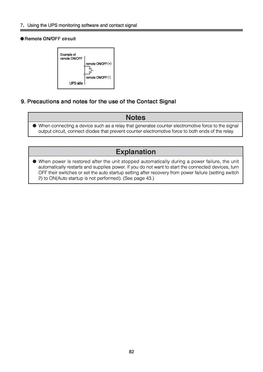 Omron BU3002SW, BU1002SW Explanation, Precautions and notes for the use of the Contact Signal, Remote ON/OFF circuit 