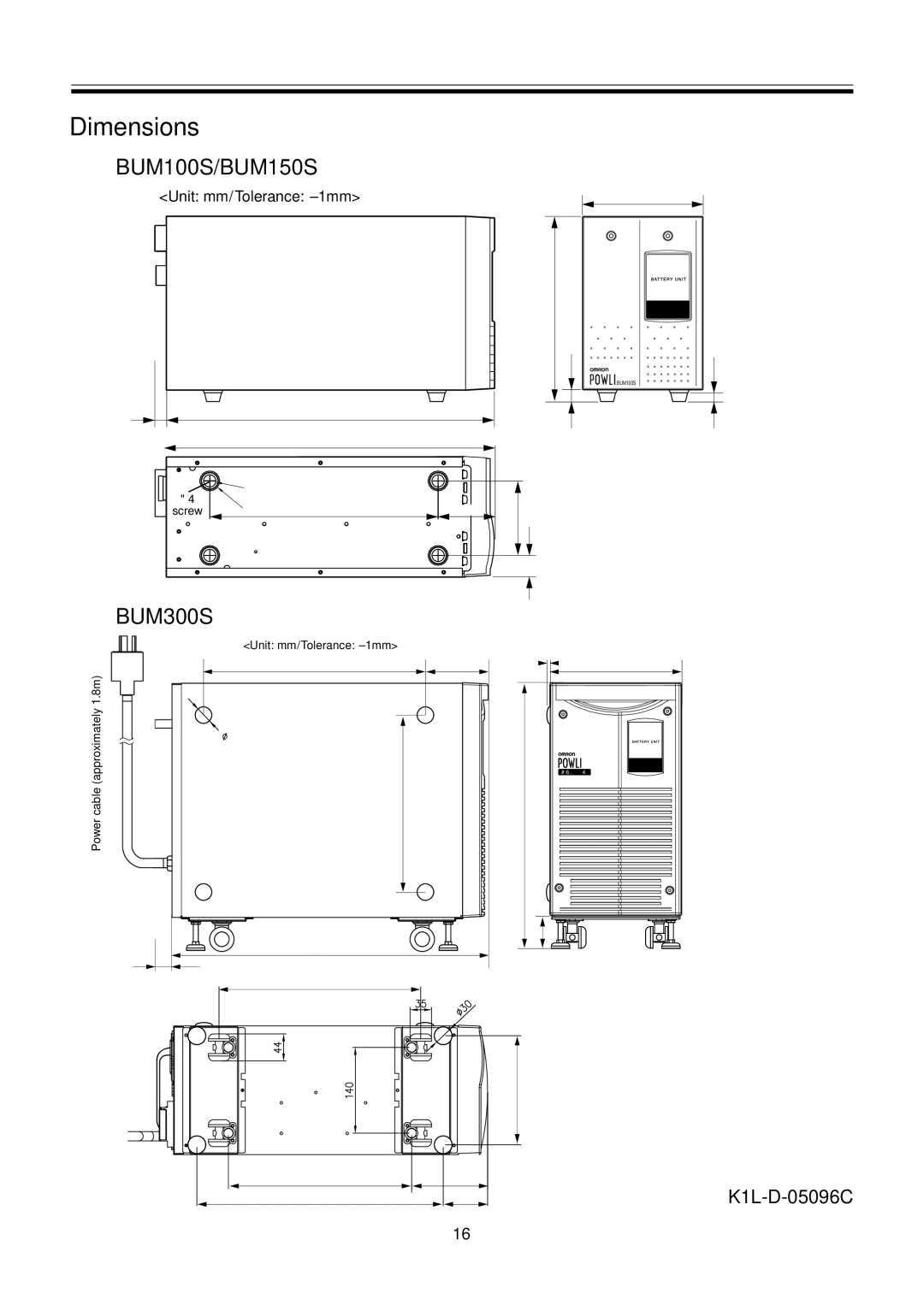 Omron BUM150S, BUM300S, BUM100S instruction manual Dimensions 