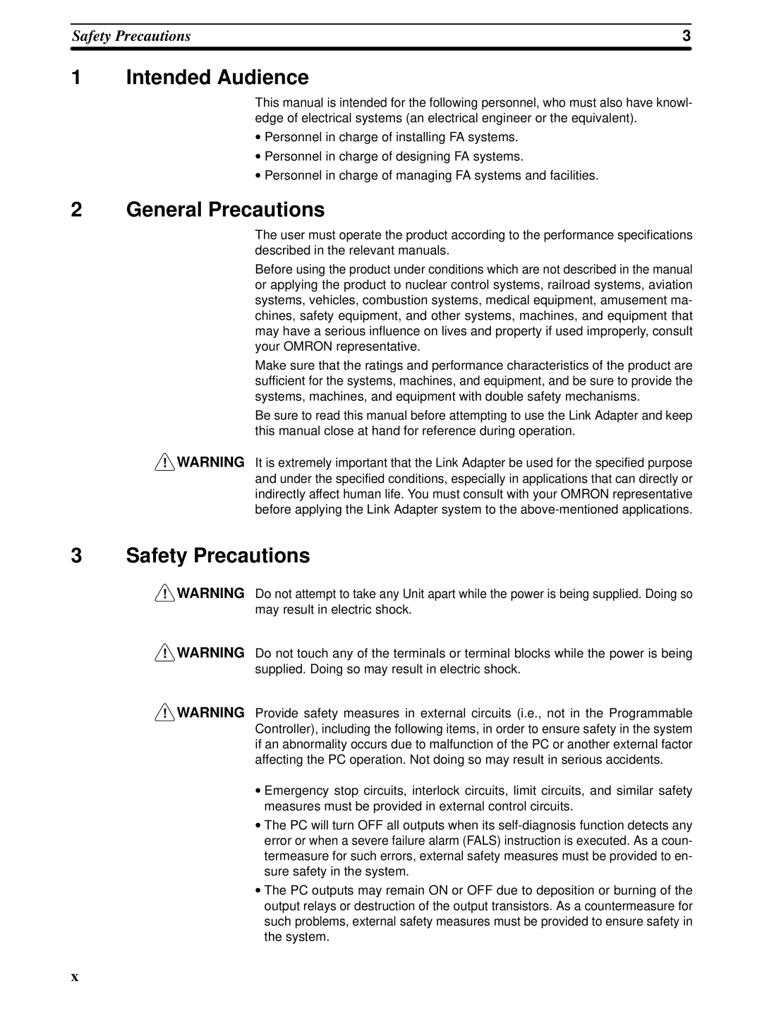 Omron C-series manual Intended Audience, General Precautions, Safety Precautions 