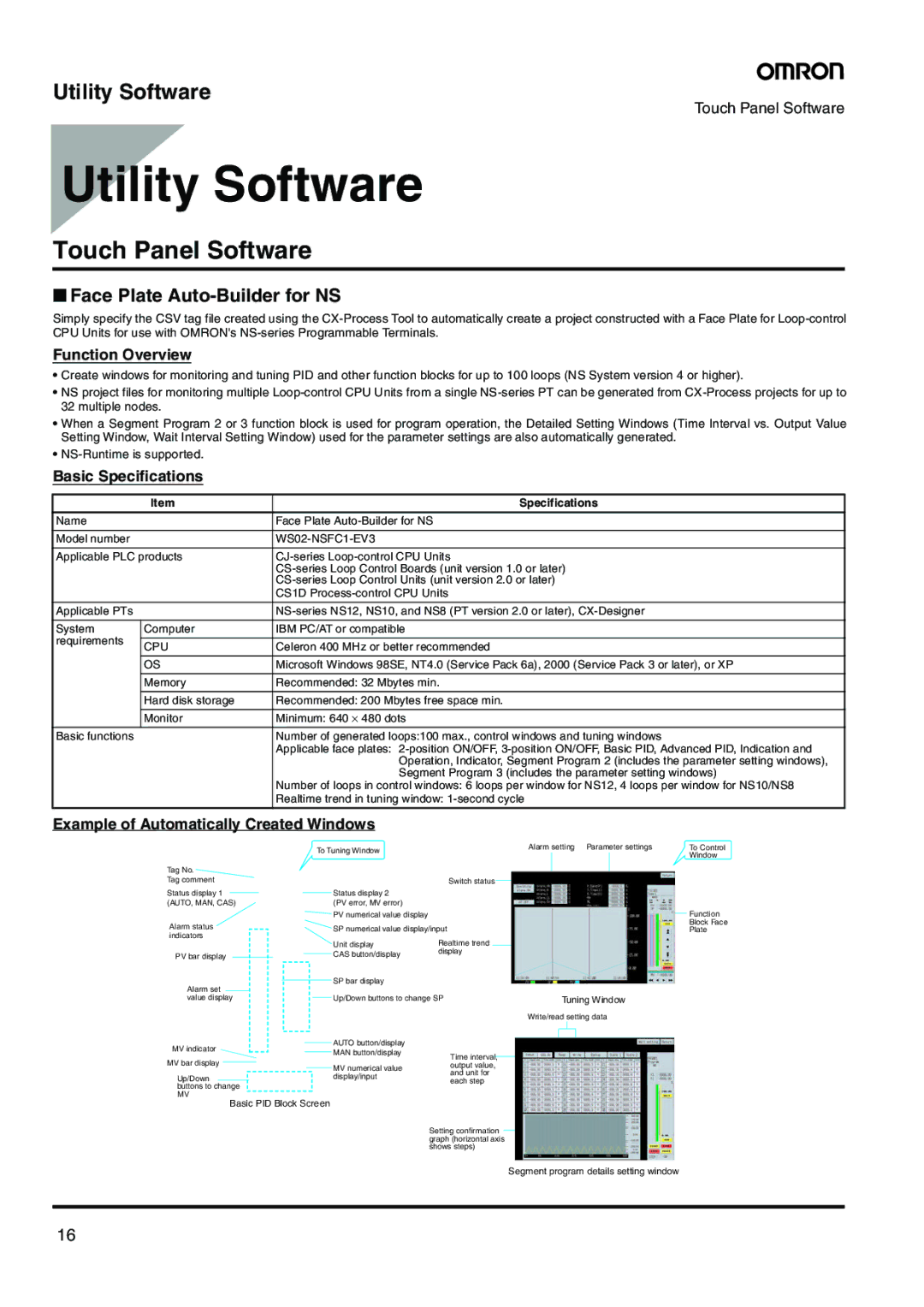 Omron CJ-Series manual Utility Software, Touch Panel Software, Face Plate Auto-Builder for NS 