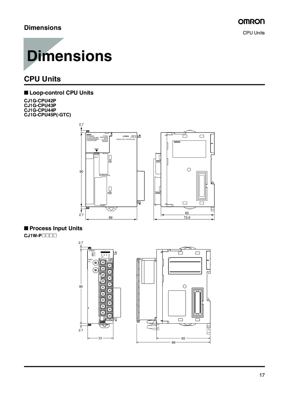 Omron CJ-Series manual Dimensions, Loop-control CPU Units, Process Input Units, CJ1W-P@@@@ 