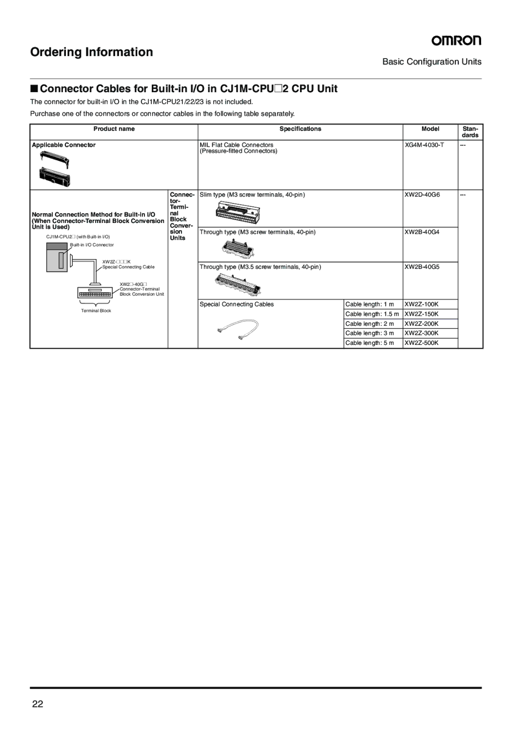 Omron CJ-Series manual Connector Cables for Built-in I/O in CJ1M-CPU@2 CPU Unit, Sion Units 