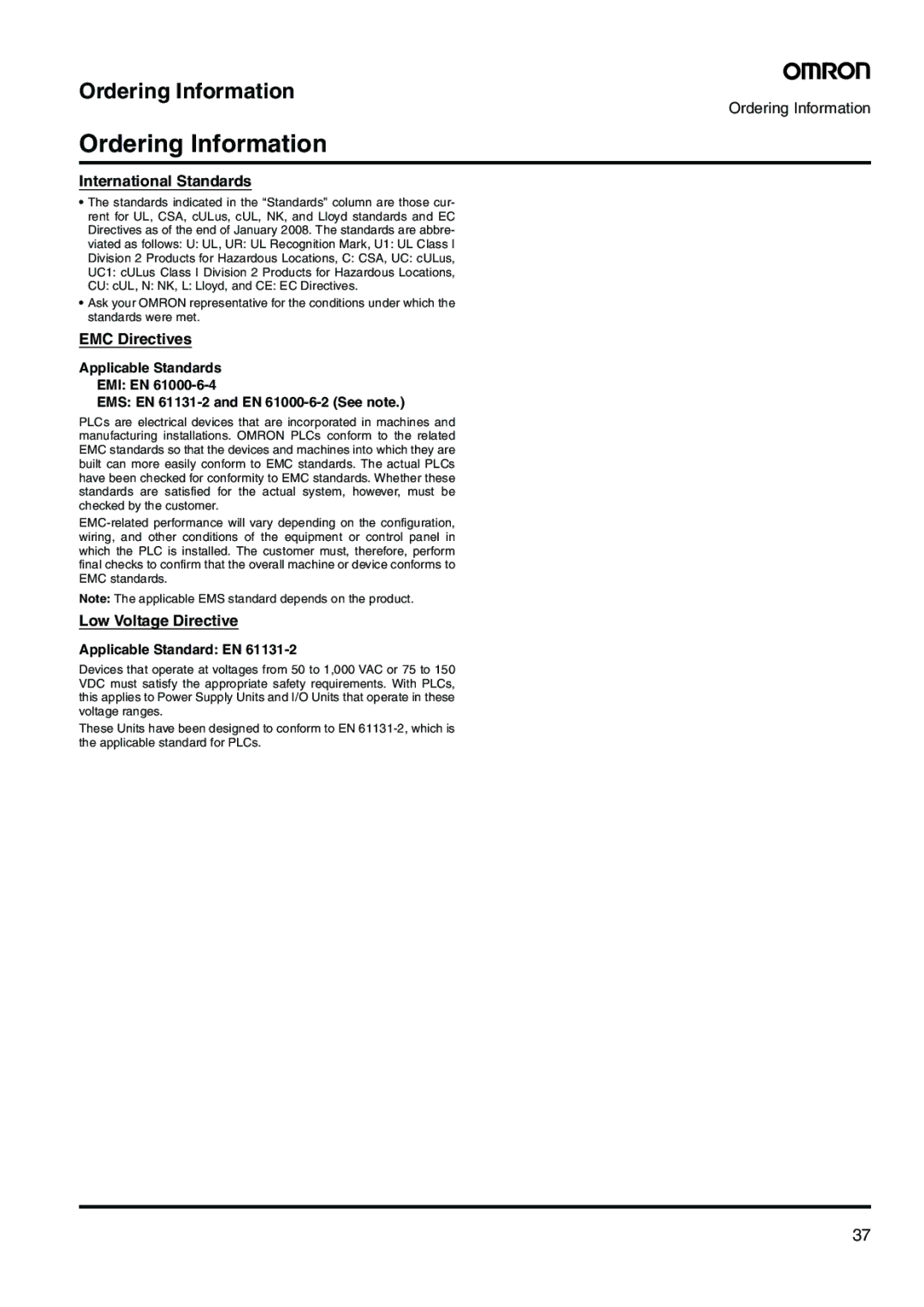 Omron CJ-Series manual Ordering Information, International Standards, EMC Directives, Low Voltage Directive 