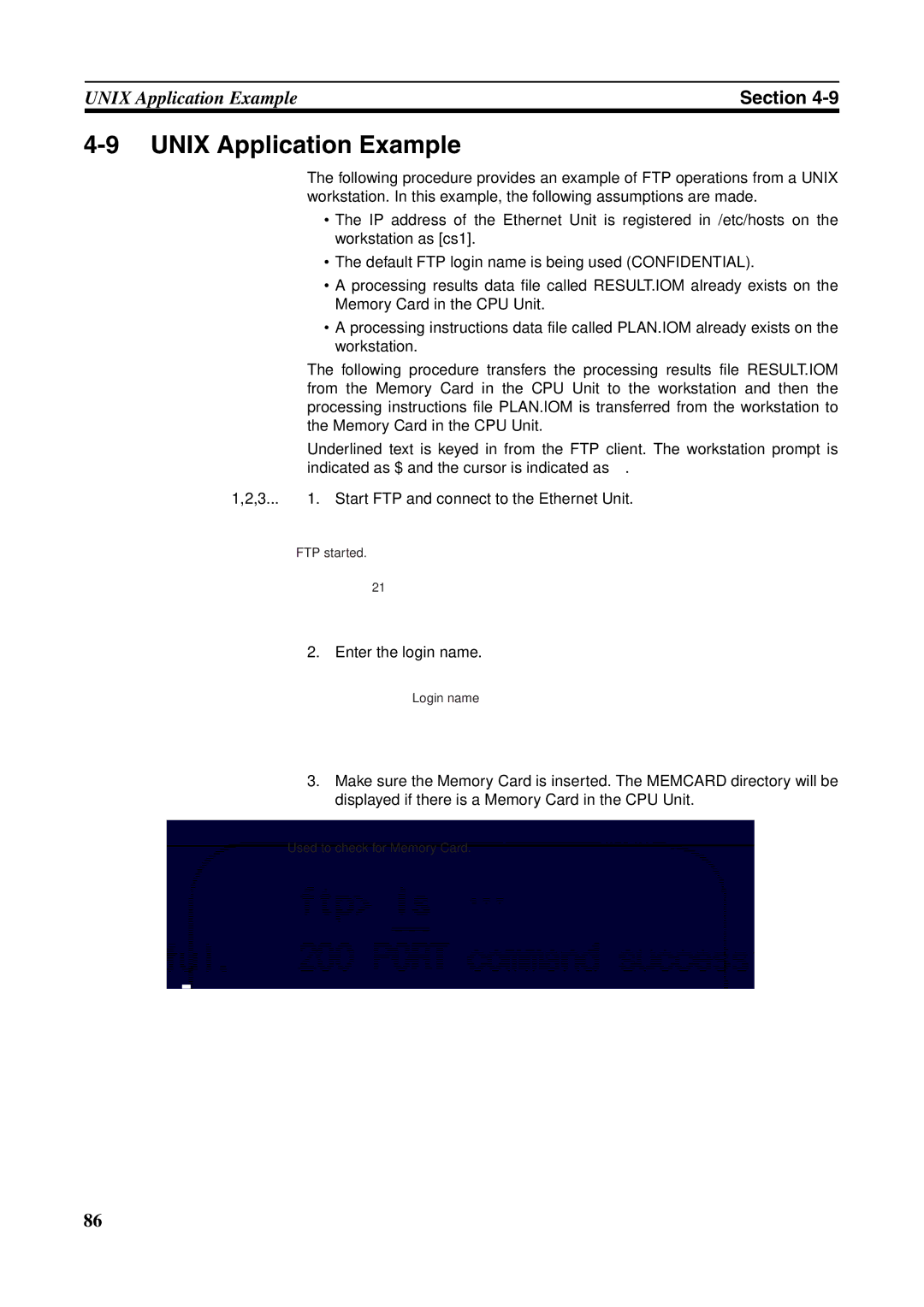 Omron CJ1W-ETN21 operation manual Unix Application Example, Enter the login name 