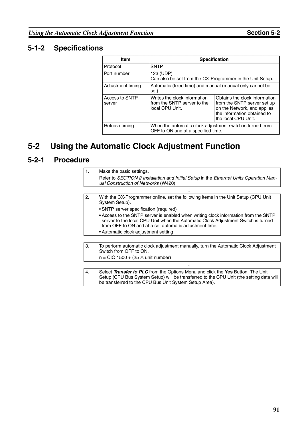 Omron CJ1W-ETN21 operation manual Using the Automatic Clock Adjustment Function, Specifications 