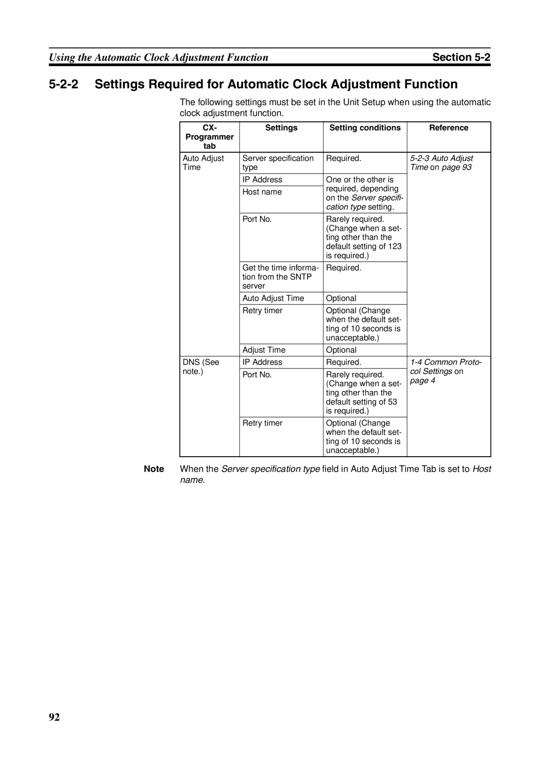 Omron CJ1W-ETN21 Settings Required for Automatic Clock Adjustment Function, Settings Setting conditions Reference 