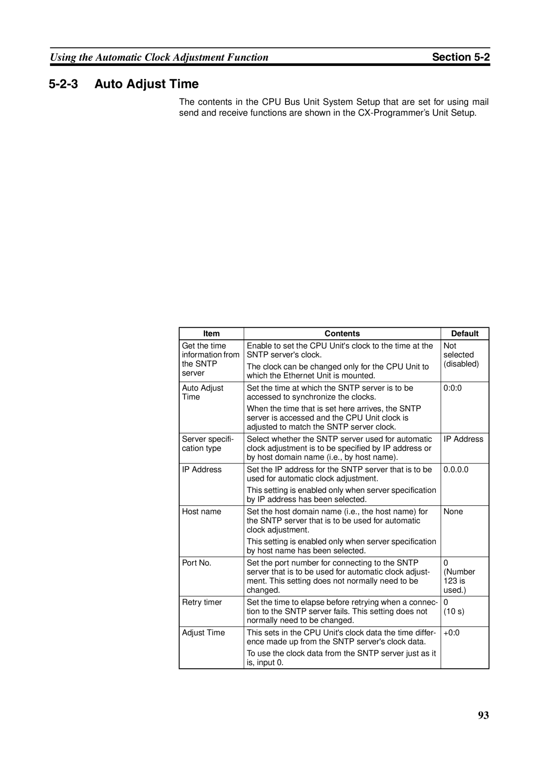 Omron CJ1W-ETN21 operation manual Auto Adjust Time, Contents Default 