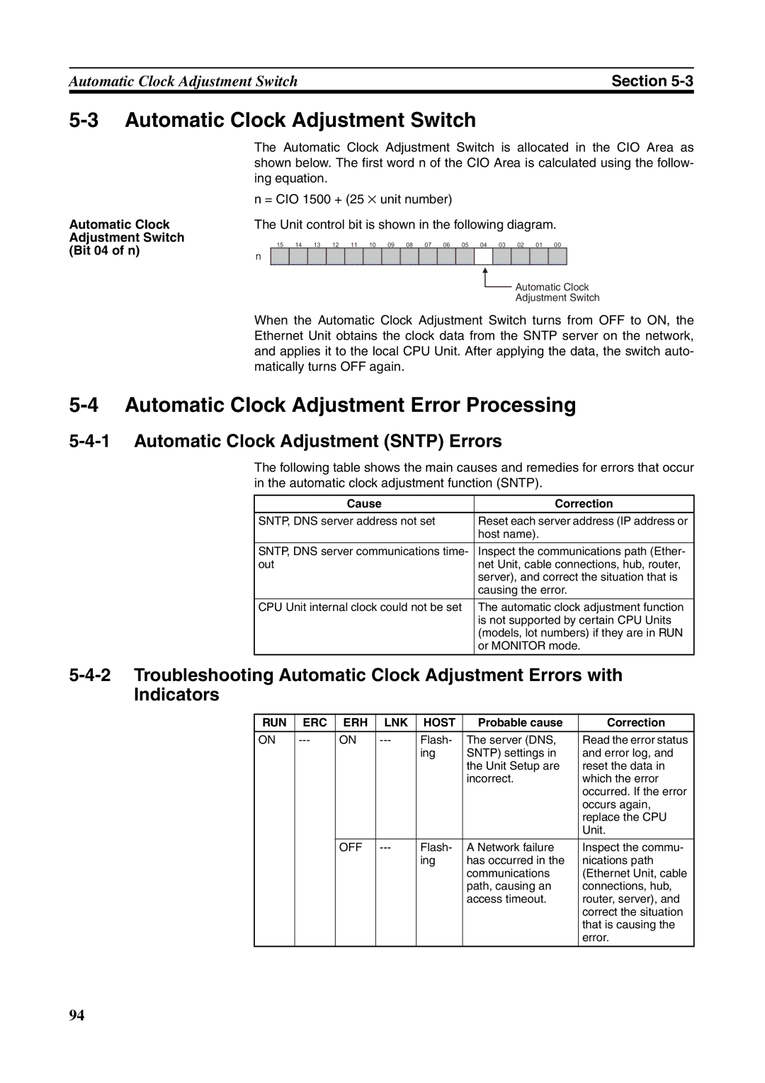 Omron CJ1W-ETN21 operation manual Automatic Clock Adjustment Switch, Automatic Clock Adjustment Error Processing 