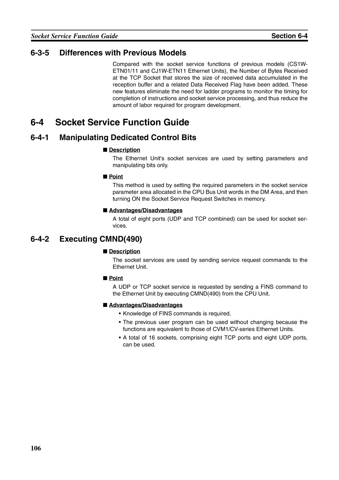 Omron CJ1W-ETN21 Socket Service Function Guide, Differences with Previous Models, Manipulating Dedicated Control Bits 