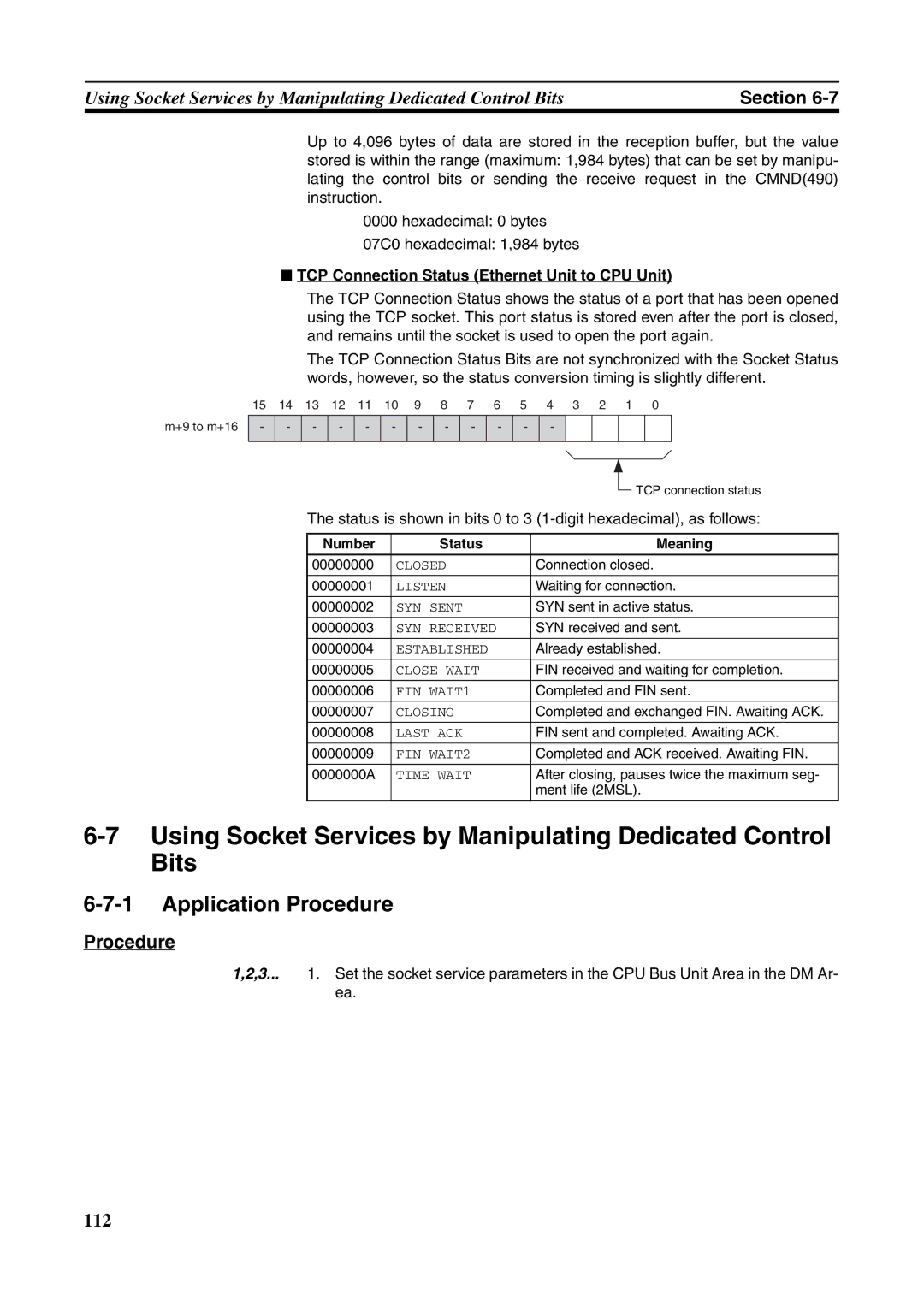 Omron CJ1W-ETN21 Application Procedure, TCP Connection Status Ethernet Unit to CPU Unit, Number Status Meaning 