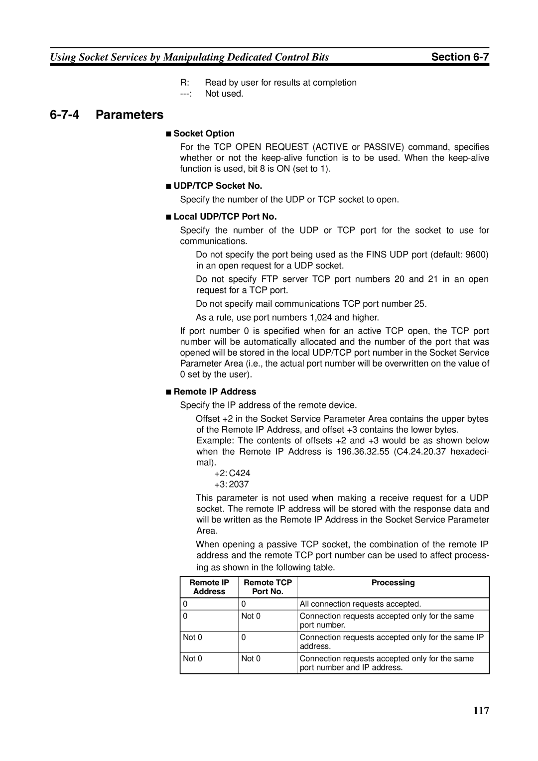 Omron CJ1W-ETN21 operation manual Parameters, Socket Option, UDP/TCP Socket No, Local UDP/TCP Port No, Remote IP Address 