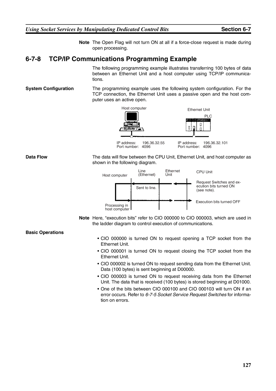 Omron CJ1W-ETN21 8 TCP/IP Communications Programming Example, System Configuration, Data Flow, Basic Operations 