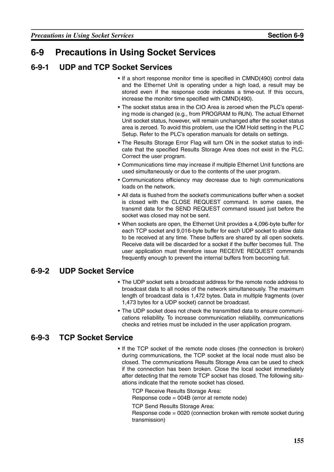 Omron CJ1W-ETN21 operation manual Precautions in Using Socket Services, UDP and TCP Socket Services, UDP Socket Service 