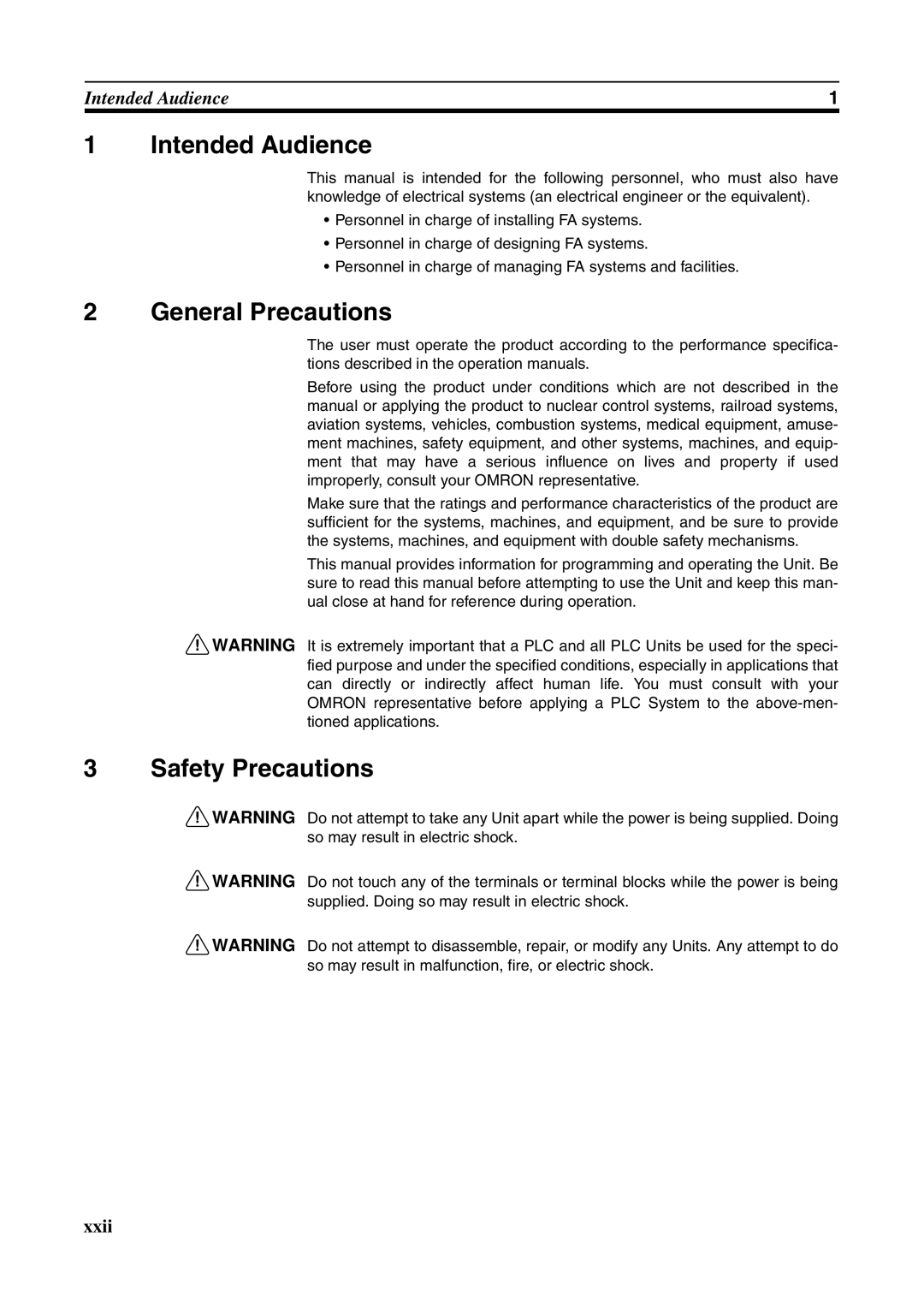 Omron CJ1W-ETN21 operation manual Intended Audience, General Precautions, Safety Precautions 