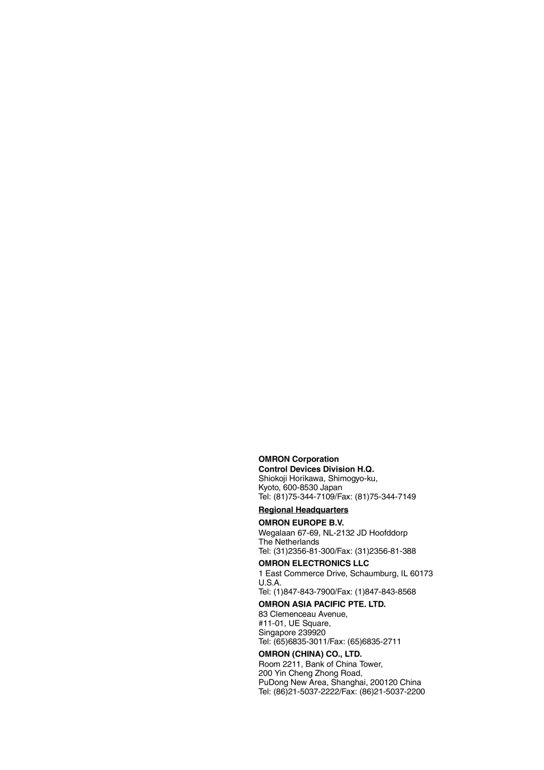 Omron CJ1W-ETN21 operation manual Omron Corporation Control Devices Division H.Q, Regional Headquarters 