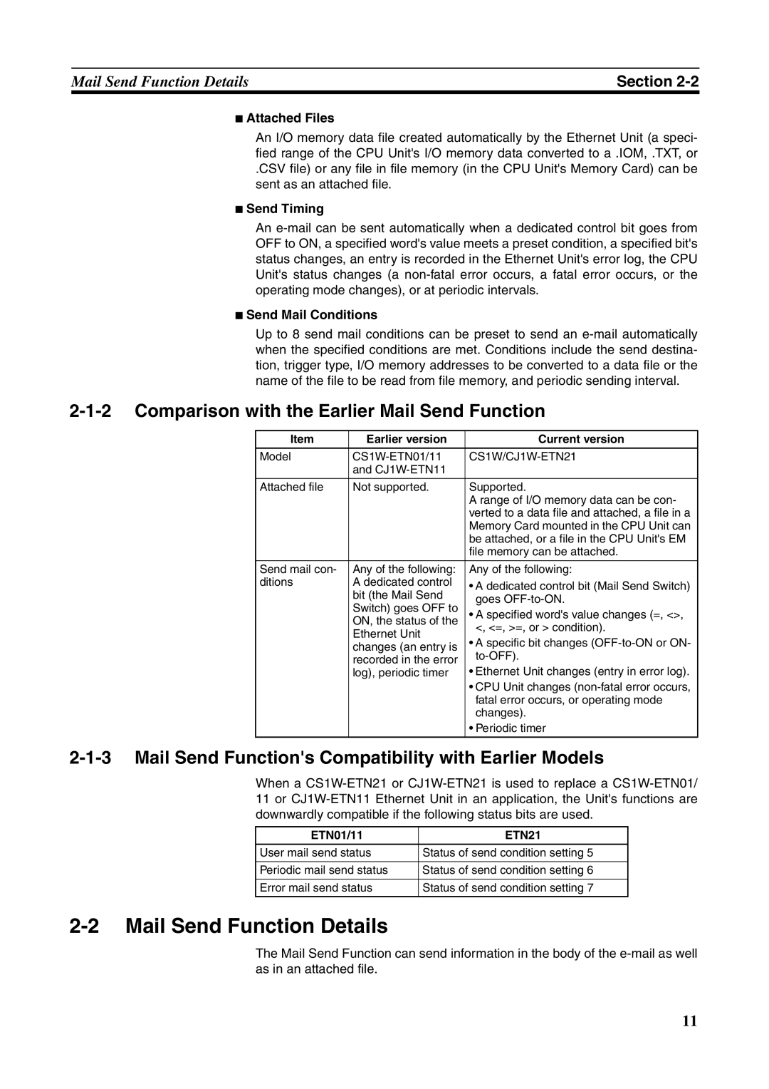 Omron CJ1W-ETN21 operation manual Mail Send Function Details, Comparison with the Earlier Mail Send Function 